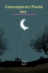 Cover image of Fresh Words Magazine's Contemporary Poems Anthology 2022. A moon-shaped balloon glows and floats over trees. Its string is held onto by a person sitting on a bench and we see three other people in the distance.